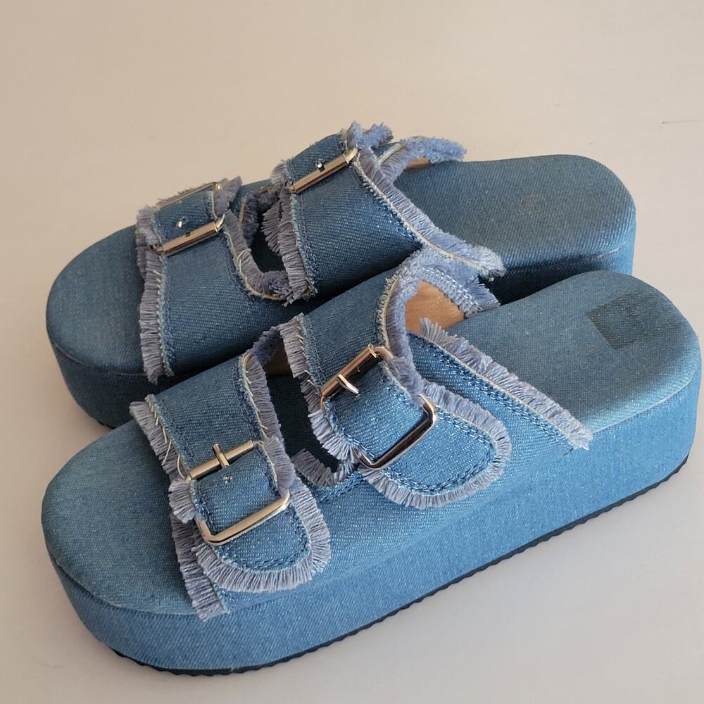 Women Denim Platform Slide Sandals Frayed Edge Double Buckle Blue Size 6.5